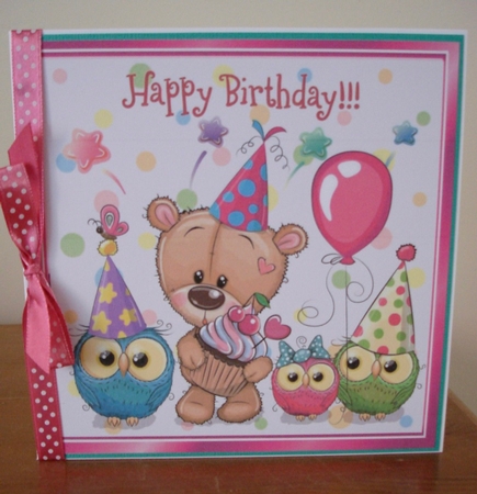 cute teddy with owls partying 8x8 by Lynne Brown