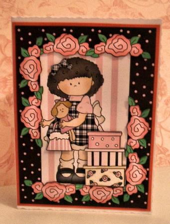 Cute Litle Girl with Ragdoll in Floral Frame,a4 Topper by Lynne Spiers