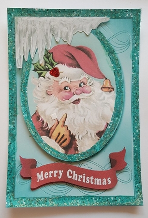 lovely santa card front in turq glitter oval topper by Lystra Jordan