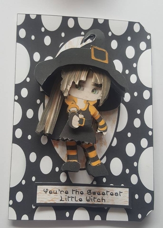 CUTE ORANGE WITCH 1 BIRTHDAY FOLD CARD COMPLETE KIT by Lystra Jordan