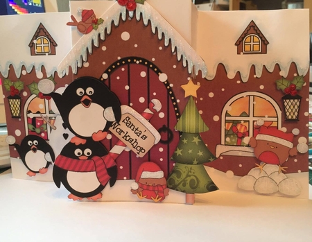 3D Up Front Card Kit -  Pip Penguin is having a Snowball Fight at the Christmas Gingerbread House by Lystra Jordan