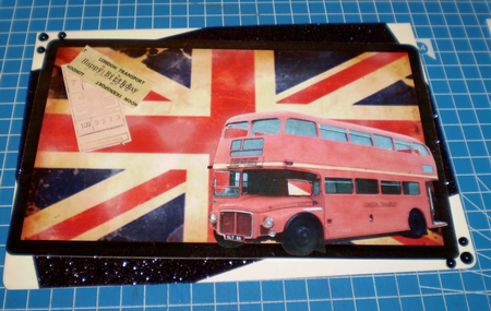 London Bus on Sepia Union Jack Decoupage by Maggie Shirley