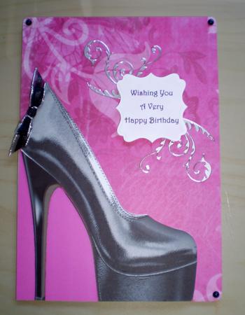 High Heeled Shoe Shaped Front Card in Black and Hot Pink by Maggie Shirley