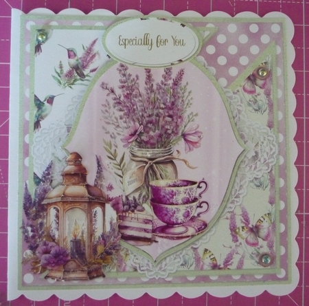 Lavender Summer 44: Lavender Bouquet & Lantern 6 x 6 Card Front with Topper, Decoupage and Sentiments by Maida Blades