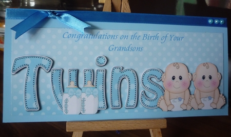 Large DL CONGRATULATIONS ... ON YOUR BEAUTIFUL TWINS 3D decoupage by Maida Blades