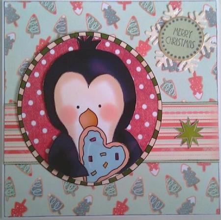 Cute Christmas Penguin in Oval Red Frame by Mandy Alexander