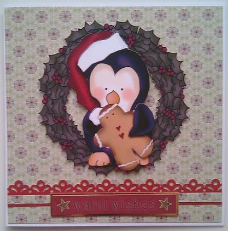 Christmas Penguin & Gingerbread Man in Holly Wreath by Mandy Alexander