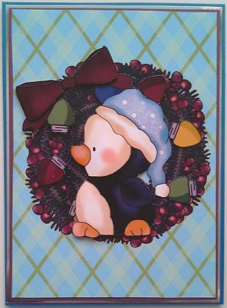 Christmas Penguin in Holly Wreath with Lights by Mandy Alexander