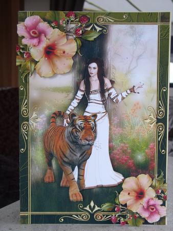 Beautiful Lady in White with Tiger & Flowers by mandy goody