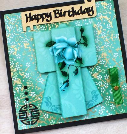 A6 Rose Delight Kimono Card in Green Decoupage by Mandy Freeman