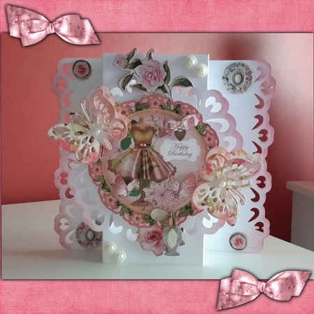 Pink Floral Dress Happy Birthday 8in Doily Decoupage Topper by Mandy Kirby