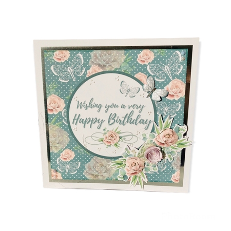 Wishing you a very Happy Birthday Flowers and Butterflies main topper with fussy cut embellishments by Mandy Russell