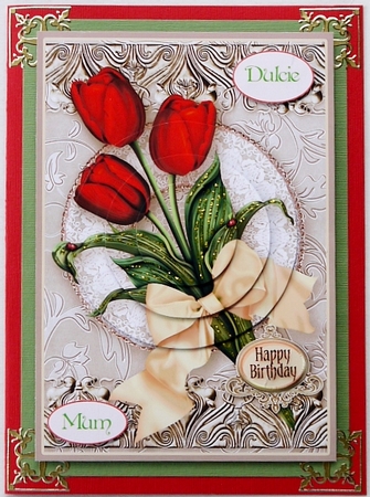 Red Tulips on a Lace Doily Round Pyramage by Margaret Dittmann