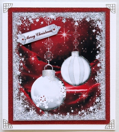 Silver Baubles on a Red Silk Card Front/topper by Margaret Dittmann