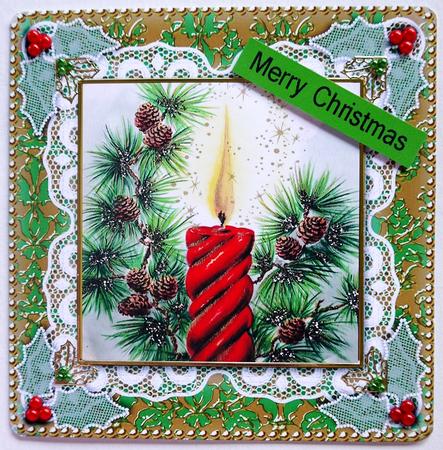 Christmas Candle 2 Lace N Damask Square Folded Card by Margaret Dittmann
