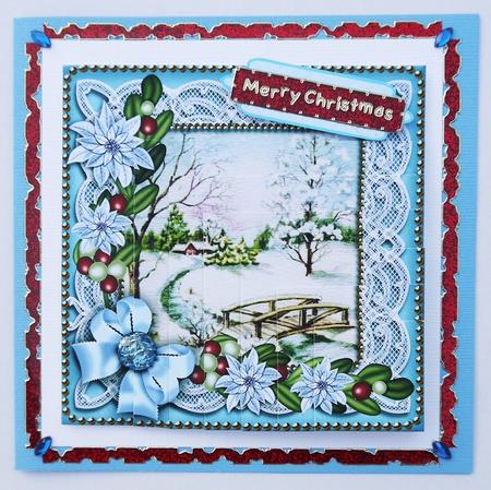 Pretty Snowscene Blue Poinsettia 5in One Corner Stacker by Margaret Dittmann