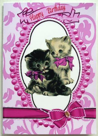 Cute Kitties in Bead Frame with Pink Bows A5 Card by Margaret Dittmann