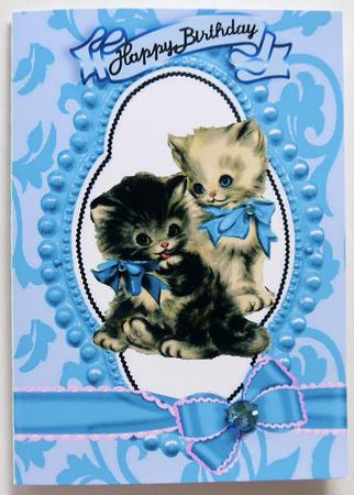 Cute Kitties in Bead Frame with Blue/pink Bow A5 Card by Margaret Dittmann