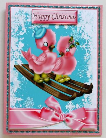 Pink Little Christmas Birds on a Sledge A4 by Margaret Dittmann