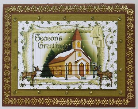 Pretty Church with Reindeers in Gold Pyramids by Margaret Dittmann