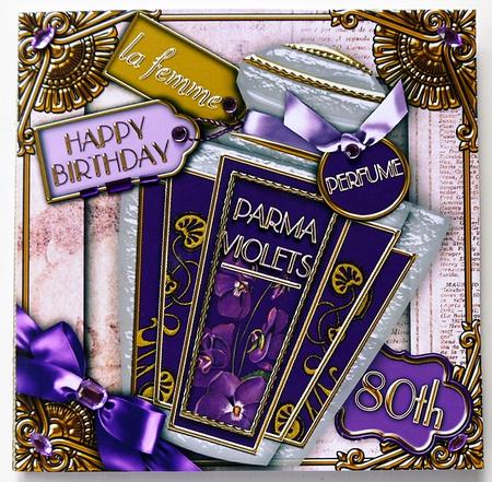 Parma Violets Perfume 80th Birthday 5in Cut and Fold Card by Margaret Dittmann
