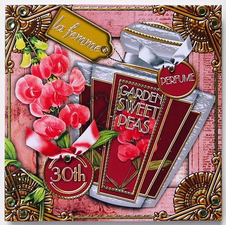 Sweet Peas Perfume 30th Birthday 5in Cut and Fold Card by Margaret Dittmann