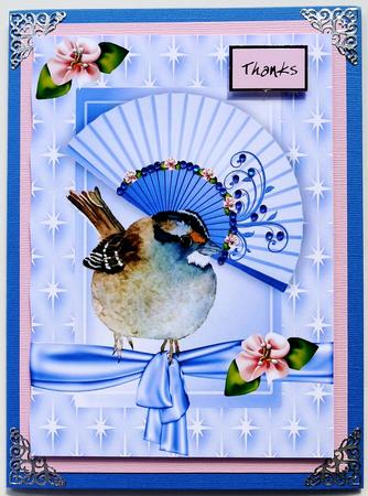 Pretty Blue Fan with Roses and Blue Bird A4 by Margaret Dittmann