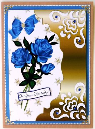 Blue Roses and Bow on Gold Scalloped Envelope A4 by Margaret Dittmann