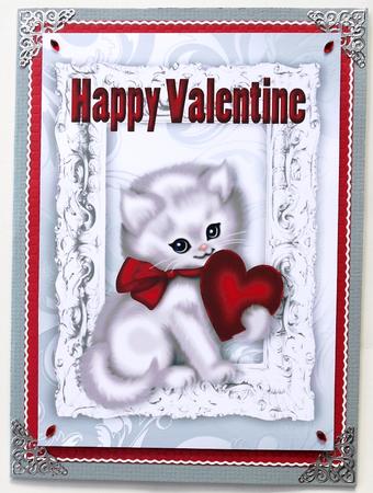 Gorgeous Fluffy White Cat with Red Heart Valentines A4 by Margaret Dittmann