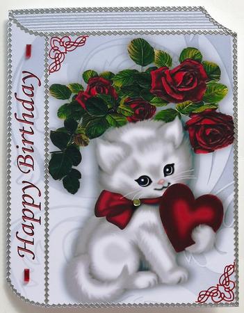 Cute Fluffy White Cat with Heart Birthday Folded Book by Margaret Dittmann
