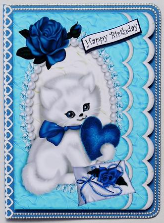 White Kitty with Blue Rose and Heart for Valantine A4 by Margaret Dittmann