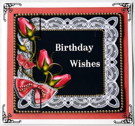 Black Pink Rose Bud Spray 8x8inch Square Card Front by Margaret Dittmann