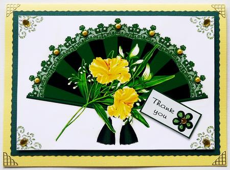 Green Lace Fan with Yellow Flowers A4 by Margaret Dittmann
