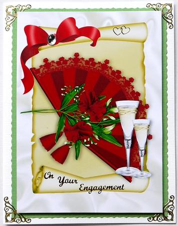 Champagne and Glasses with Red Lace Fan on a Scroll A4 by Margaret Dittmann