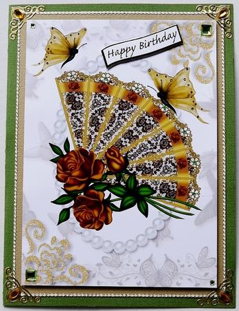 Gold Rose Fan with Lace and Gold Butterflies A4 by Margaret Dittmann