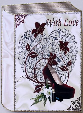 Red Swirl with Shoe and Lipstic on a Silver Heart by Margaret Dittmann