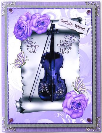 Purple Roses with Purple Violin on Silver Scroll A4 by Margaret Dittmann