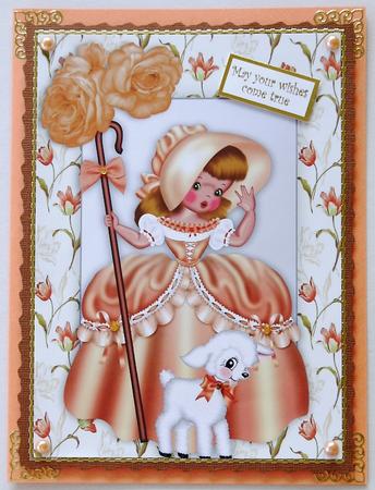 Little Bo Peep in Peach with Little Lamb and Peach Roses A4 by Margaret Dittmann