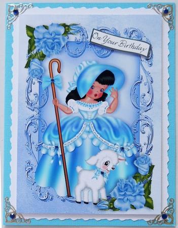 Little Bo Peep in Blue with Little Lamb and Blue Roses A4 by Margaret Dittmann