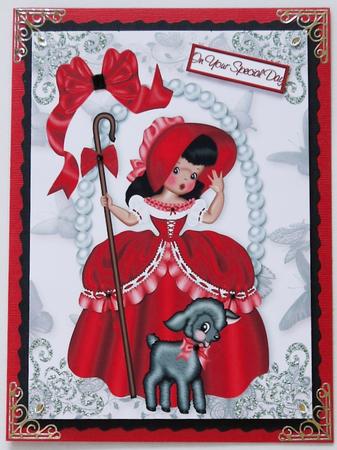 Little Bo Peep in Red with Little Lamb and Red Bow A4 by Margaret Dittmann