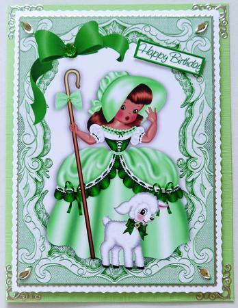 Little Bo Peep in Green with Little Lamb and Green Bow A4 by Margaret Dittmann
