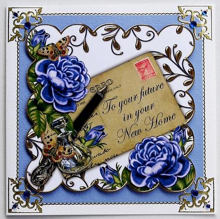 Blue Roses New Home Ink Saver 8in Decoupage Topper by Margaret Dittmann
