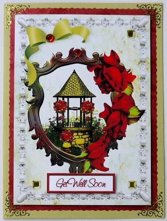 Wishing Well with Red Roses and Bow in Pearl Frame A4 by Margaret Dittmann