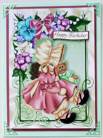 Little Bonnet Girl with Teddy in Flowered Frame with Bow A4 by Margaret Dittmann