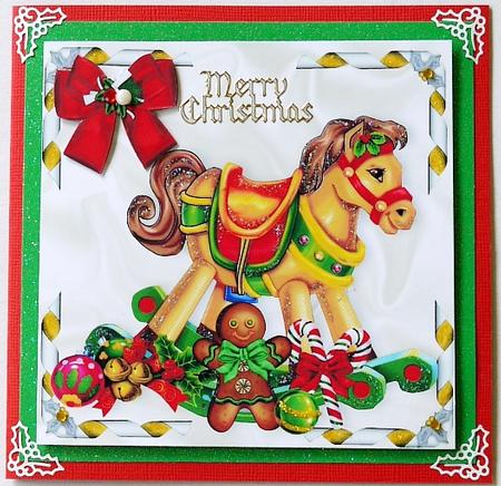 Christmas Rocking Horse with Teddies and Big Bow by Margaret Dittmann