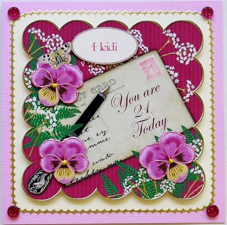 Cerise Pink Pansy 21 Today 8in Scallop Decoupage Topper by Margaret Dittmann