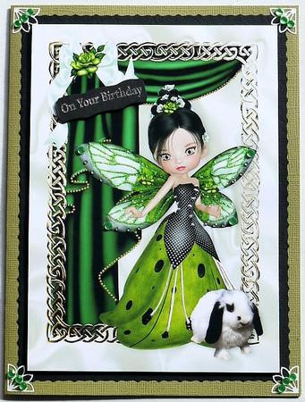 Little White Bunny with Fairie in Green with Rose A4 by Margaret Dittmann