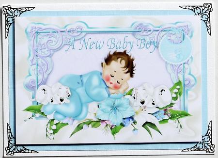 Sleepy Baby Boy with Sleepy Puppies with Flowers A4 by Margaret Dittmann
