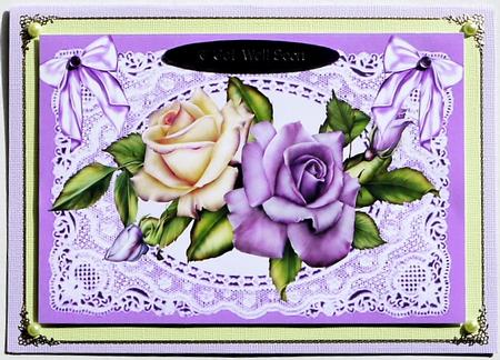 Purple/cream Roses on Lace with Bows A4 by Margaret Dittmann