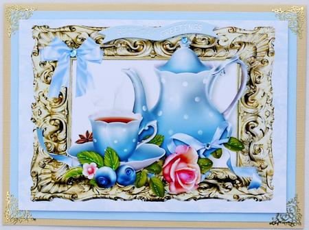 Pretty Blue Teapot and Rose in Gold Baroque Frame A4 by Margaret Dittmann
